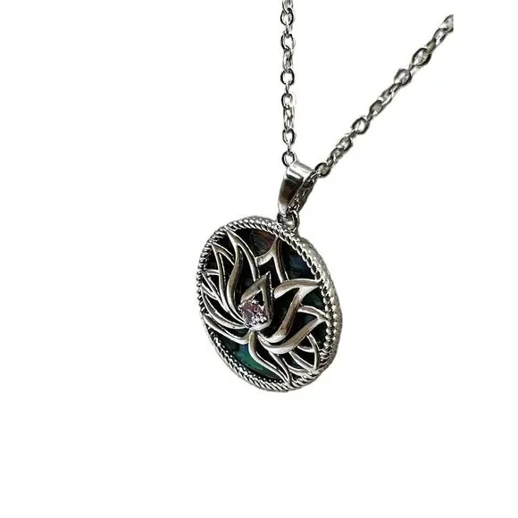 NEW Silver Abalone Shell Lotus Flower Round Pendant Necklace Womens - Picture 8 of 15